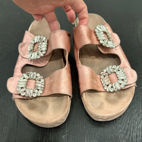 Sandal Buckle Rhinestone Inspired Flat Open Toe Strap Slide Slipper - Picture 2 of 8